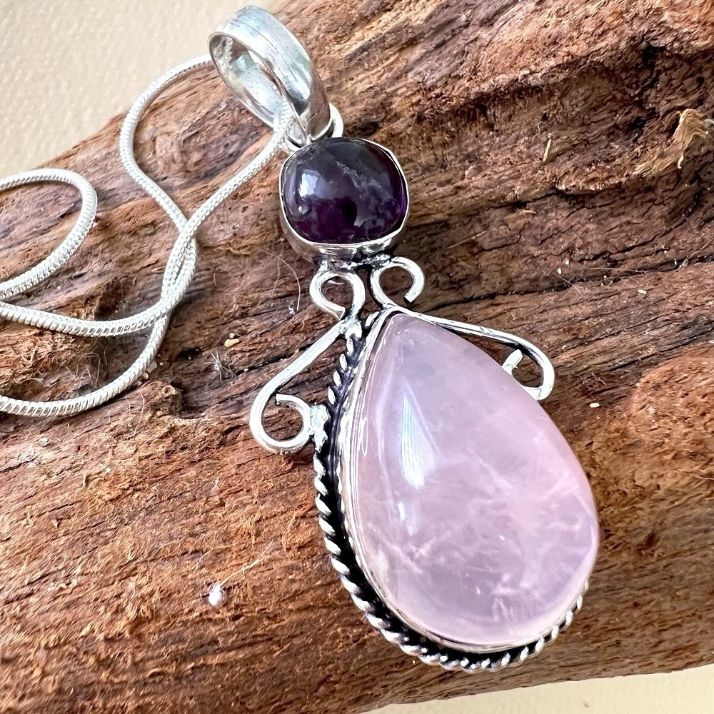 925 Sterling Silver Rose Quartz Amethyst Necklace Angel womens jewelry